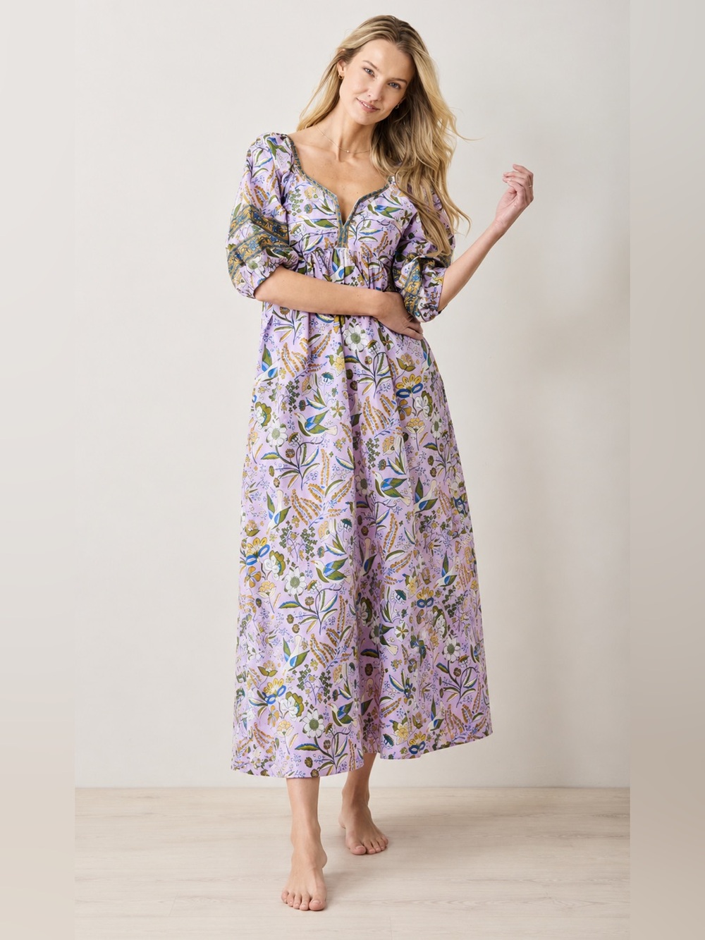 PRINTFRESH Painters Garden  100% Cotton Jasmine Midi Dress in lavender XL NWT
